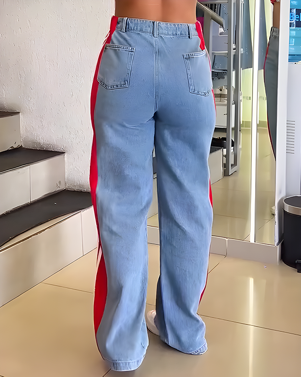 4-Stripes Patchwork Wide-Leg Denim Jeans