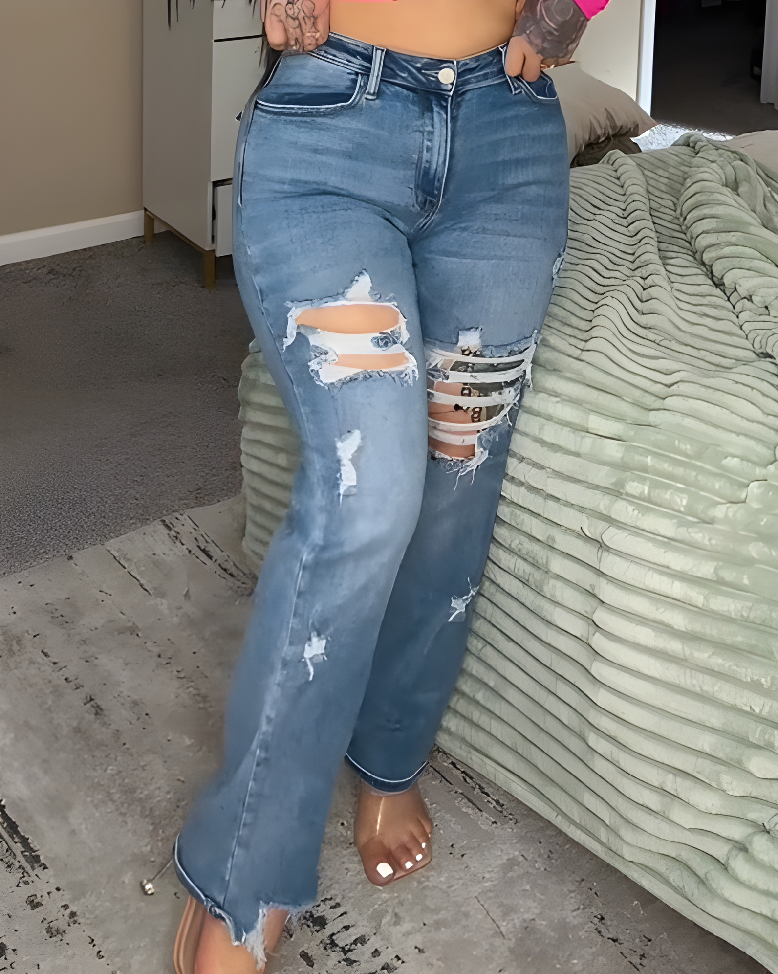 High-Waisted Ripped Frayed Straight-Leg Jeans