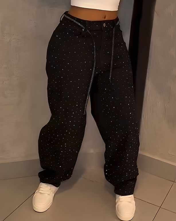 Sparkling Rhinestone Wide-Leg Jeans