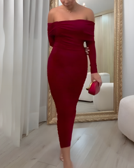 Off-the-Shoulder Long-Sleeved Ruched Bodycon Dress