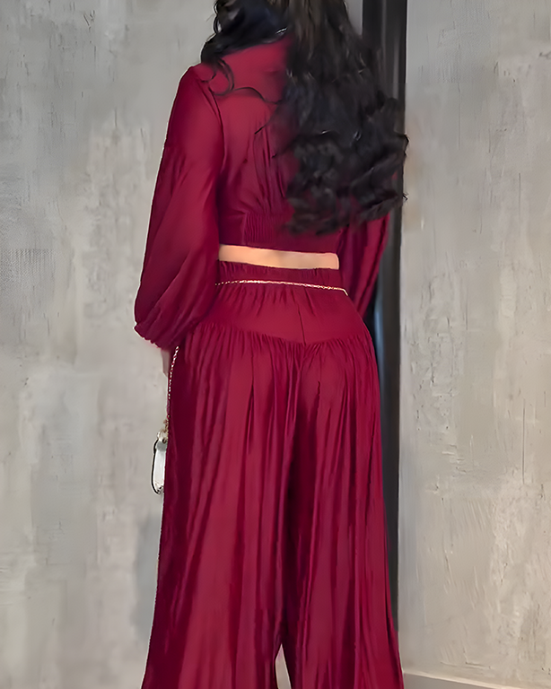 V-Neck Long-Sleeved Top Wide-Leg Pants Suit