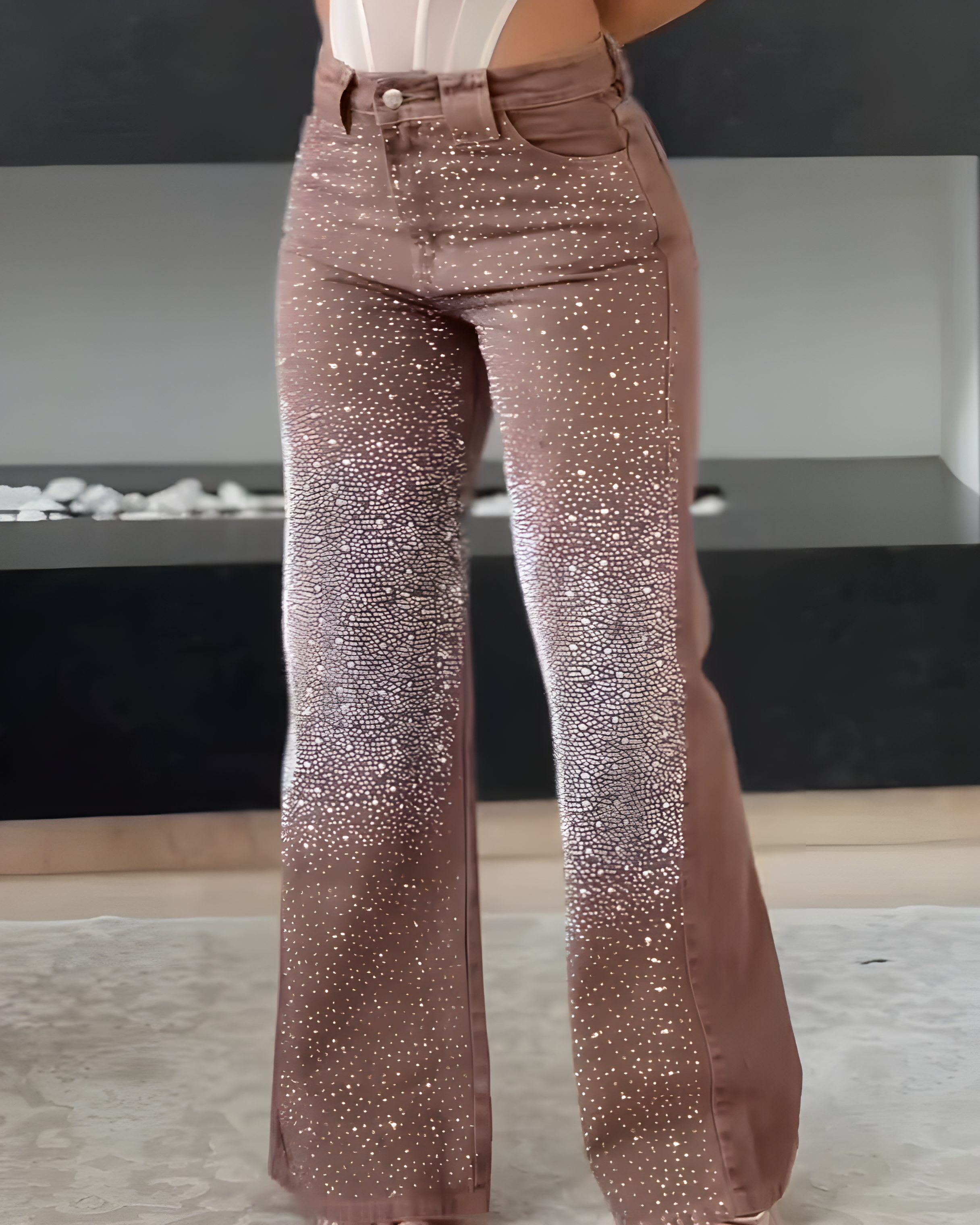 Sparkling Rhinestone Slim-Fit Wide-Leg Jeans