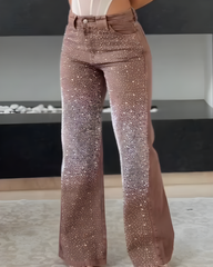 Sparkling Rhinestone Slim-Fit Wide-Leg Jeans
