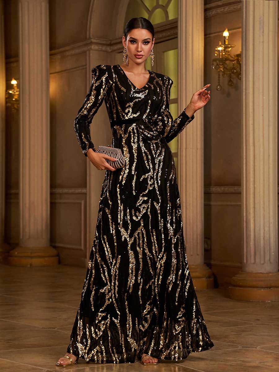 Maxi Sequin Formal Dress With Belt Bow Tie