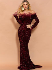 Off Shoulder Feather Sequin Evening Dress