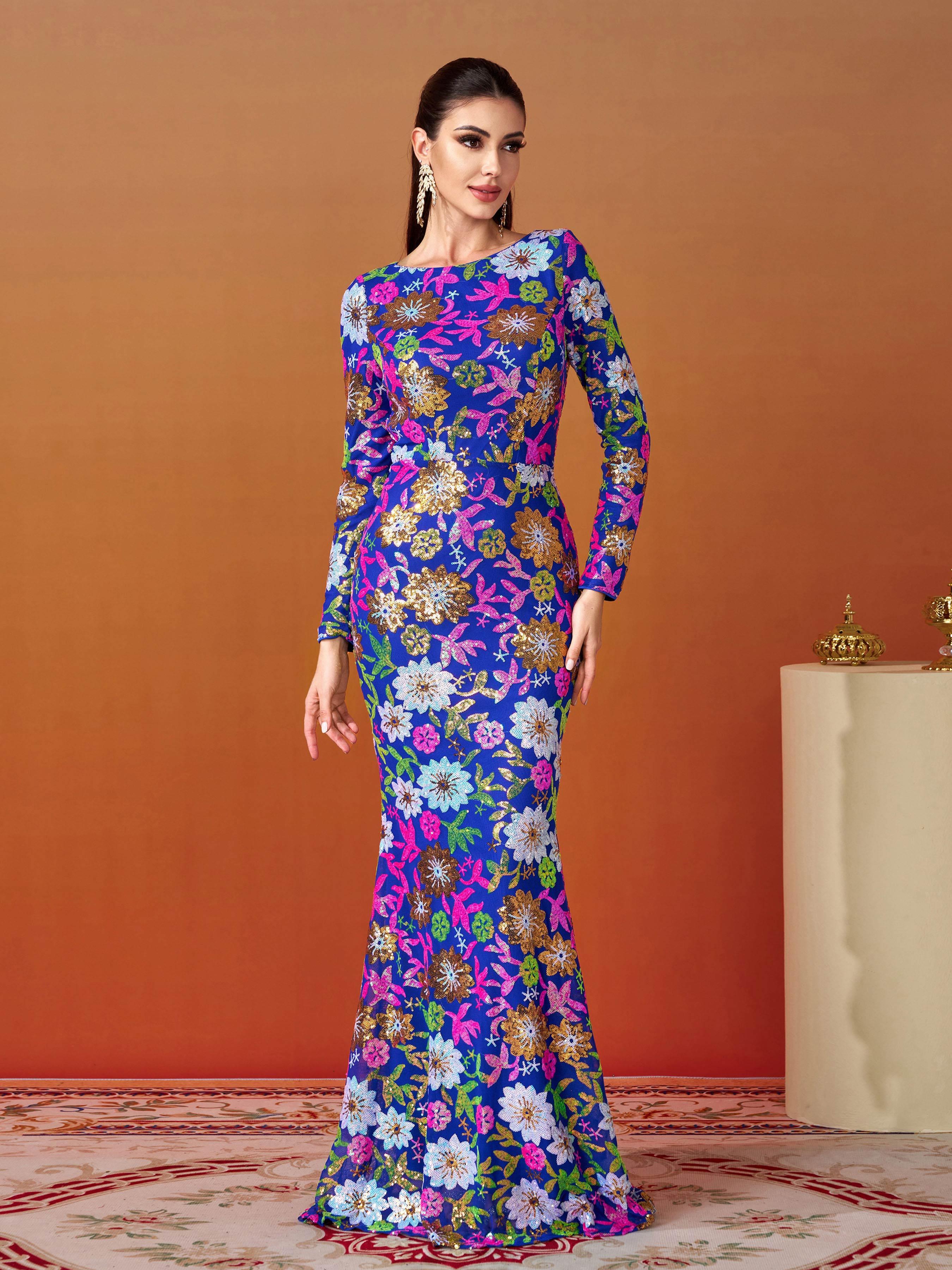 Crew Neck Floral Sequin Dress