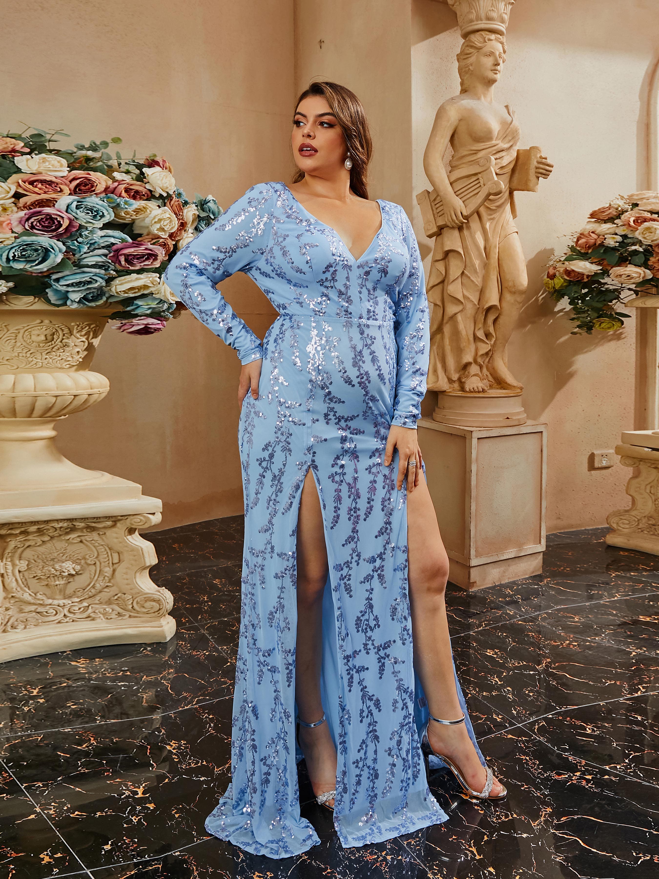 Plus size V-Neck Backless Mermaid Split Long Sleeve Prom Dress