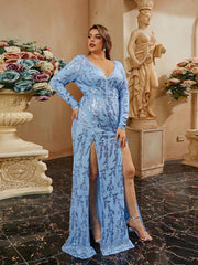 Plus size V-Neck Backless Mermaid Split Long Sleeve Prom Dress