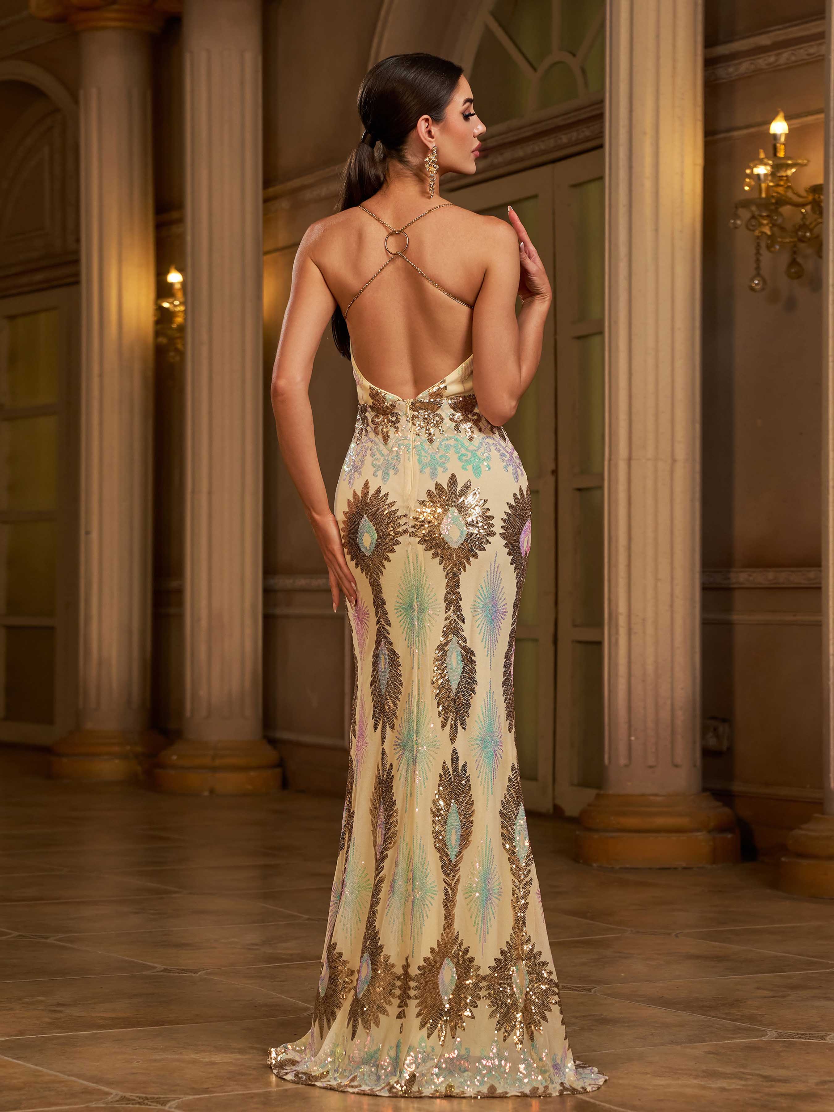 Gold Floral Sequin Backless Split Cocktail Dress SL30018