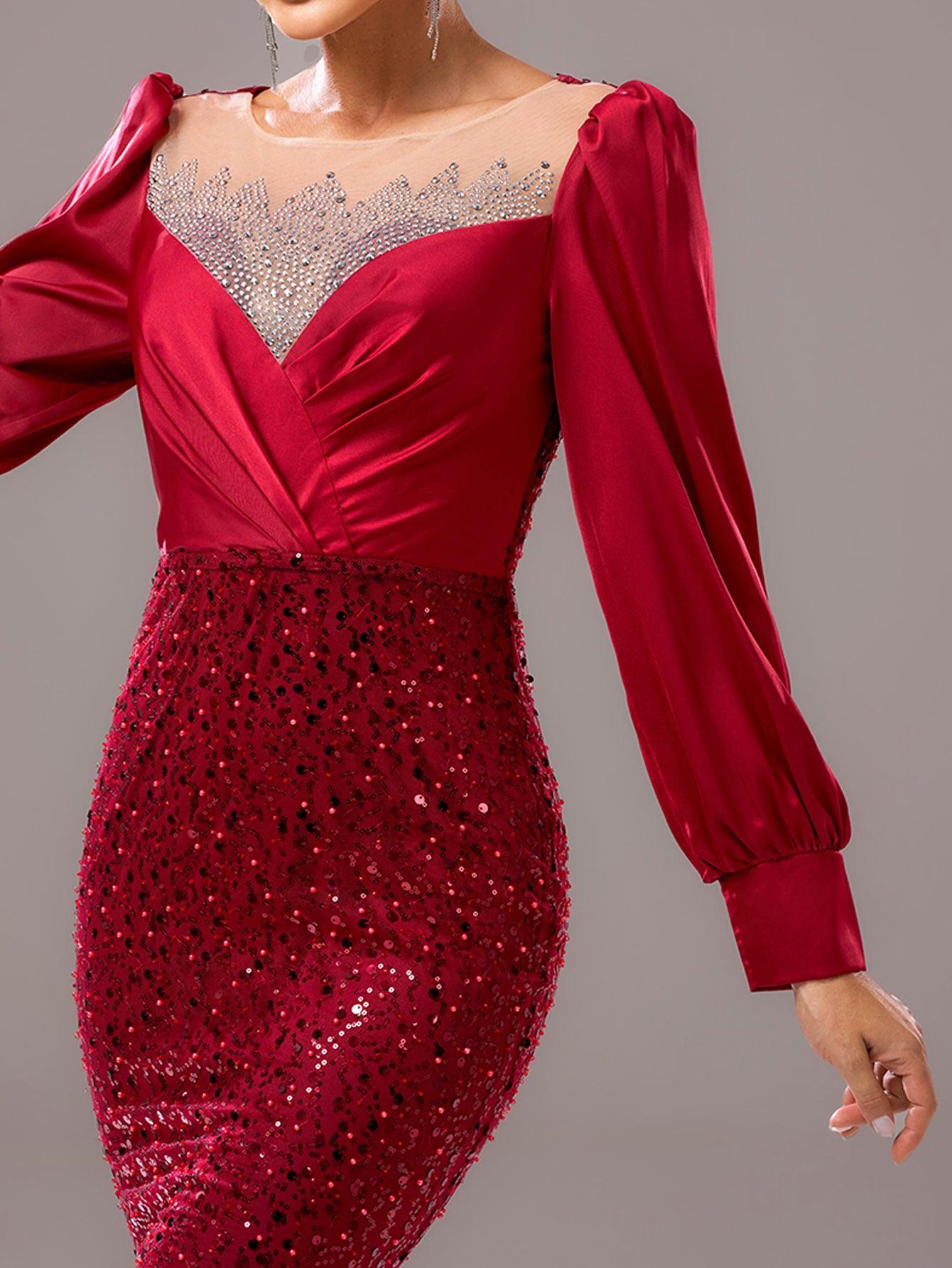 Red Panel Sequin Long Sleeve Mermaid Evening Dress