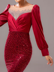 Red Panel Sequin Long Sleeve Mermaid Evening Dress