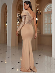 Formal One Shoulder Knit Apricot Dress