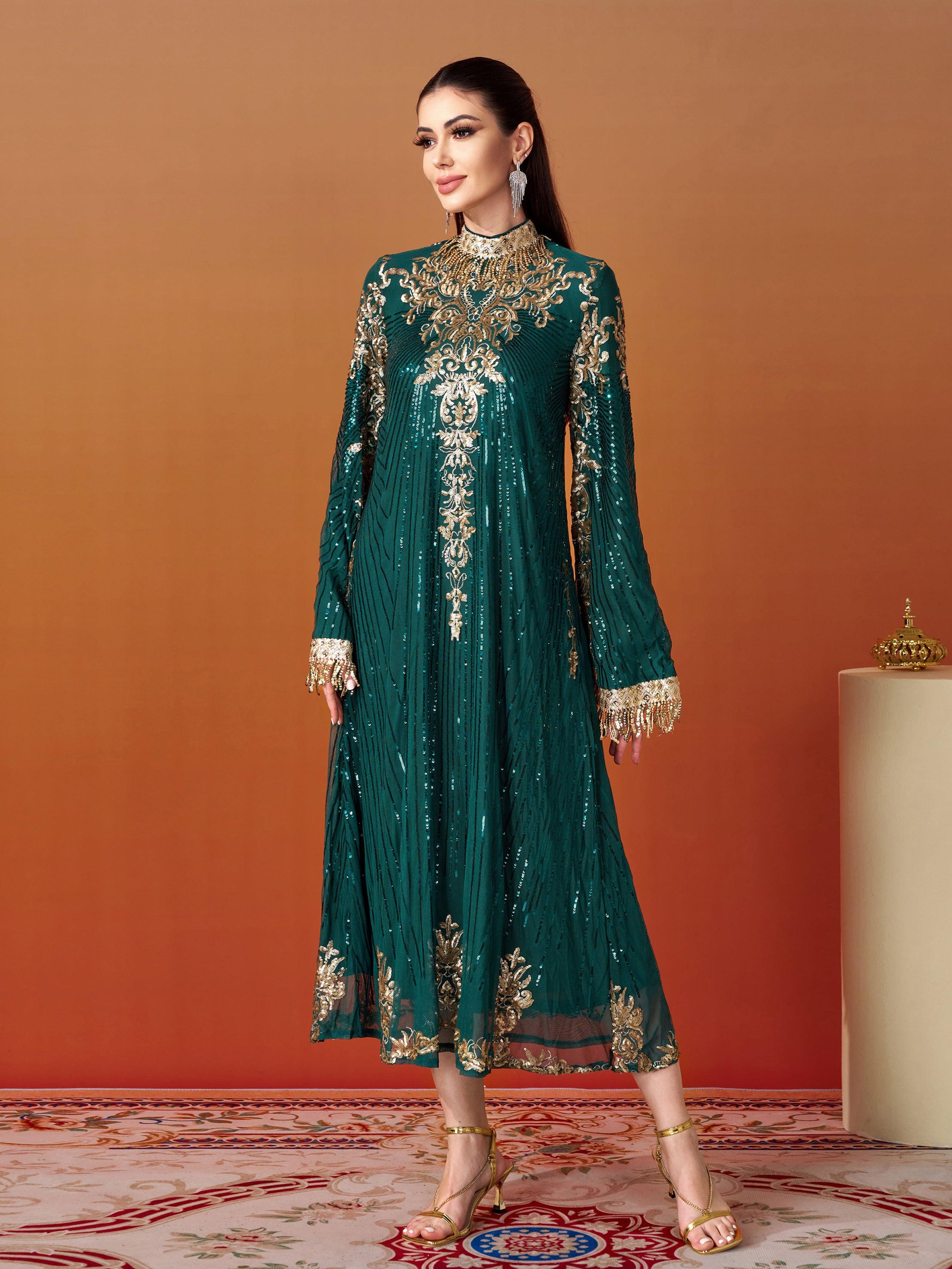 Stand Collar Bell Sleeve Sequin Dress