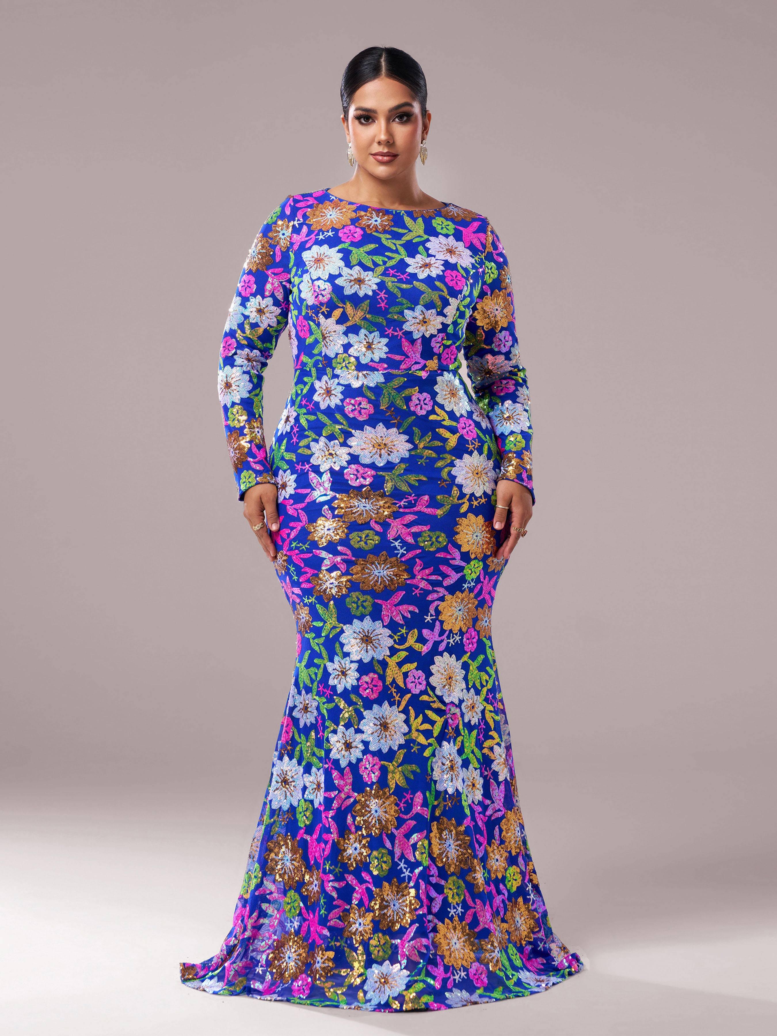 Plus Crew Neck Floral Sequin Dress