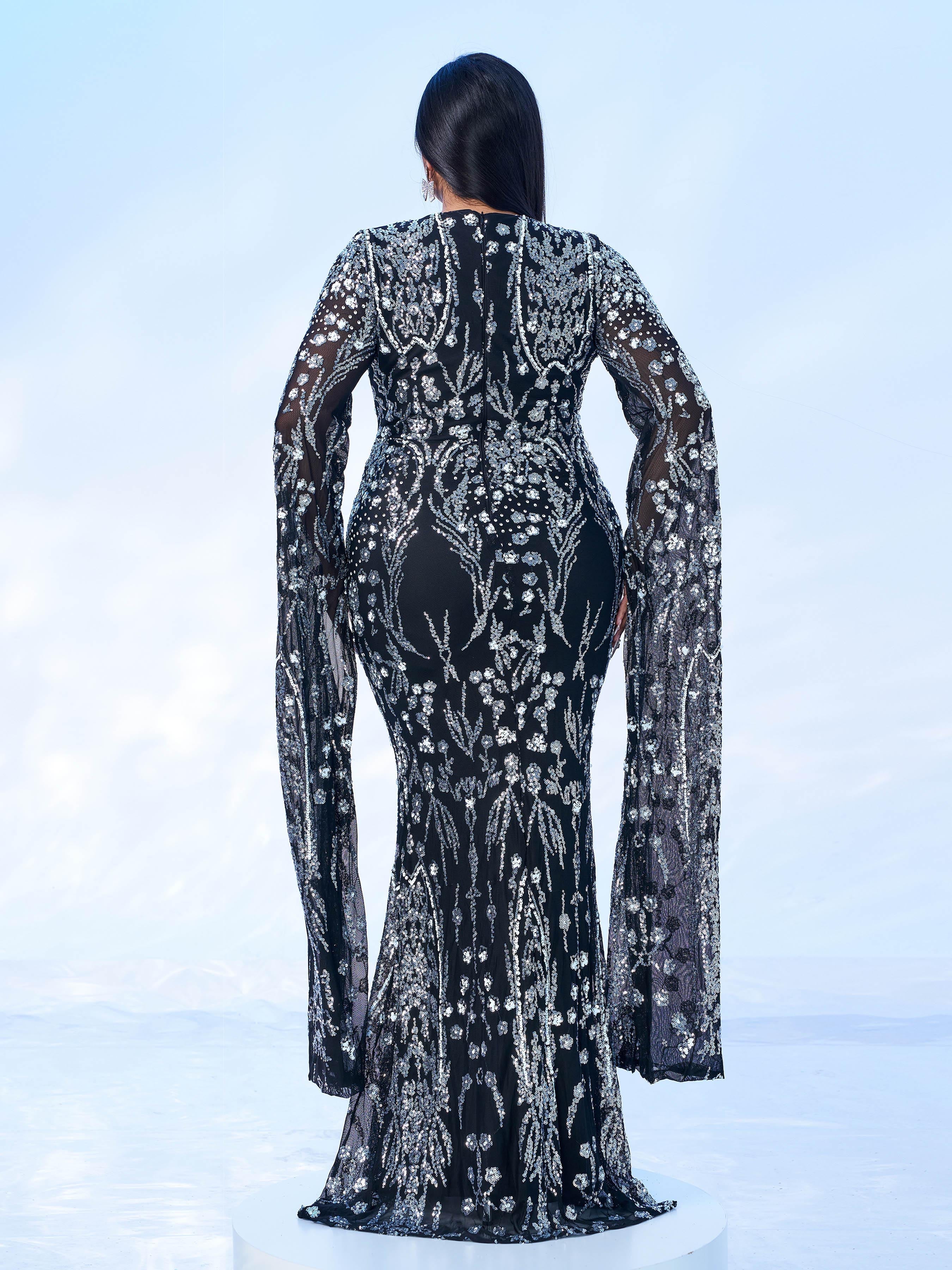 Plus Long Sleeve Mermaid Sequin Maxi Dress