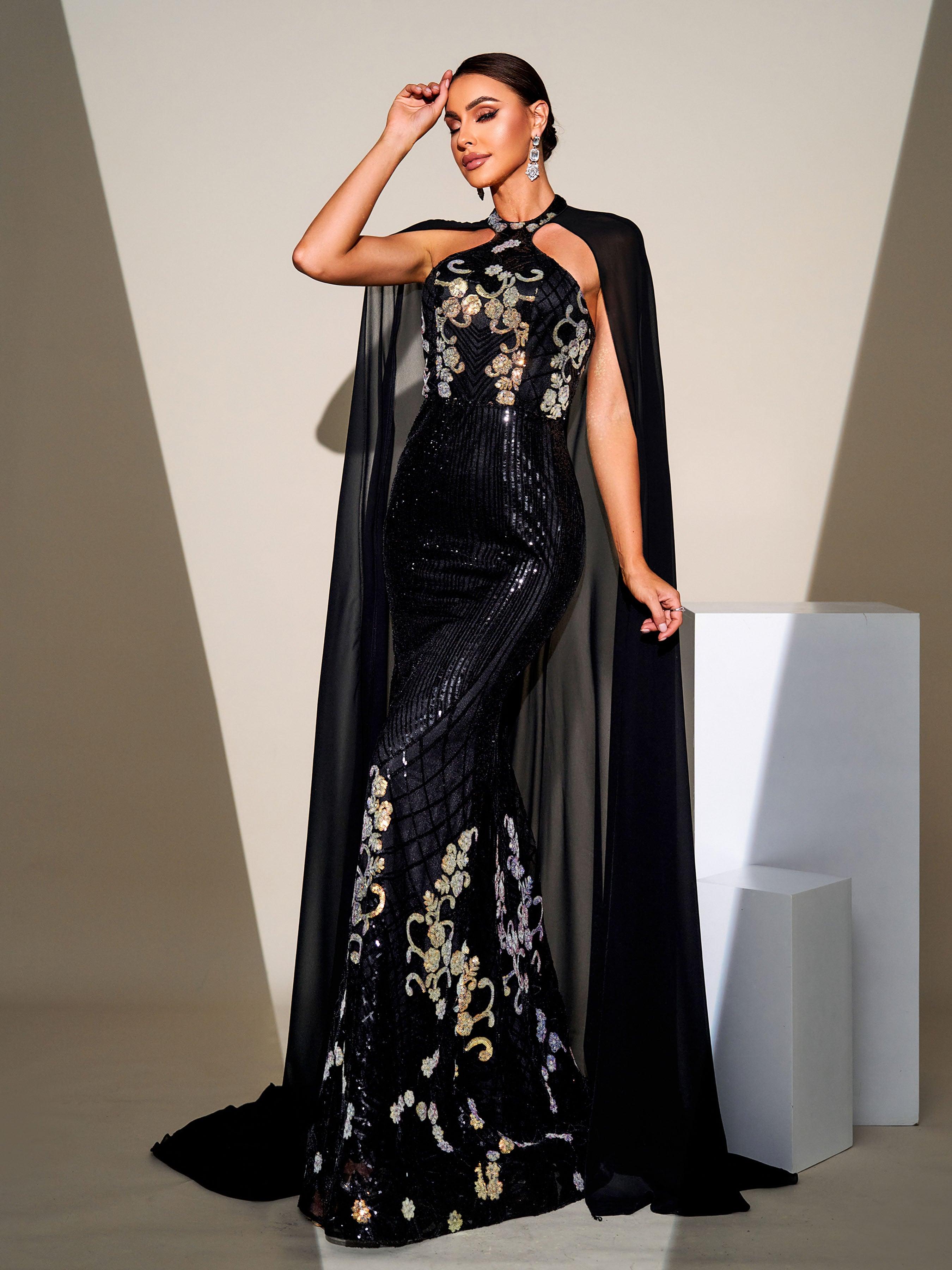 Cape Sleeve Mermaid Sequin Formal Dress