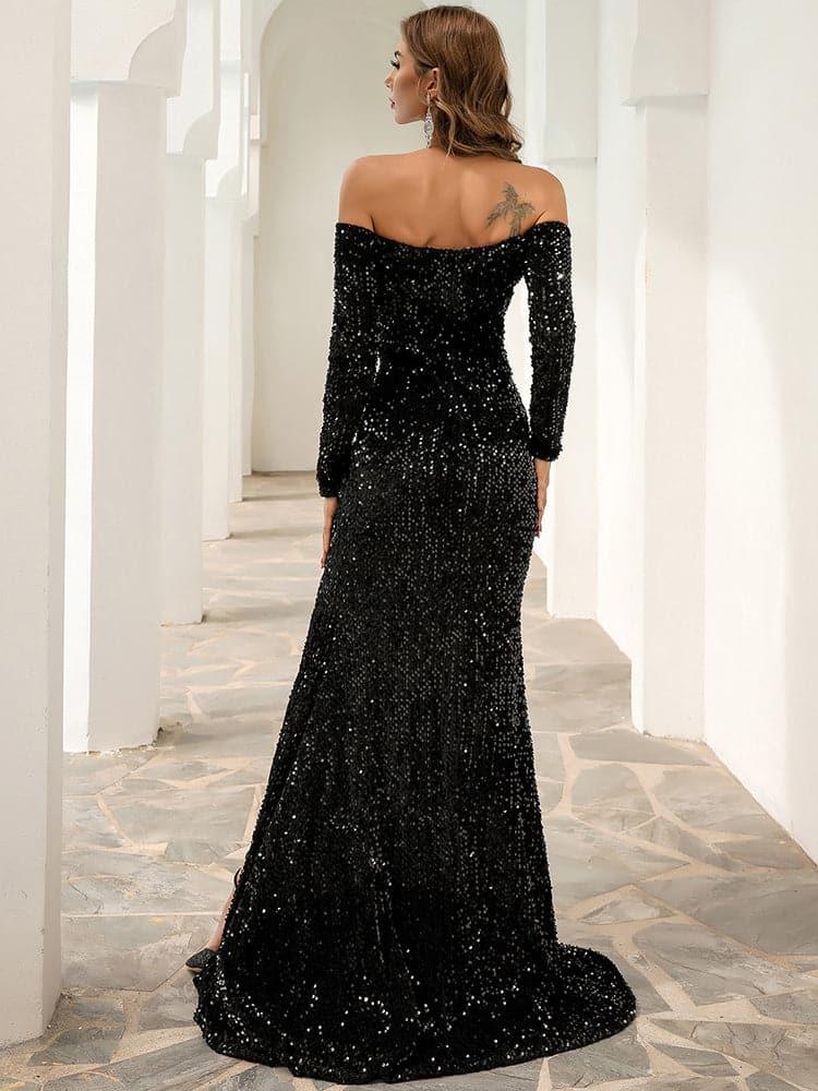 Off Shoulder Mesh Insert Split Sequin Prom Dress