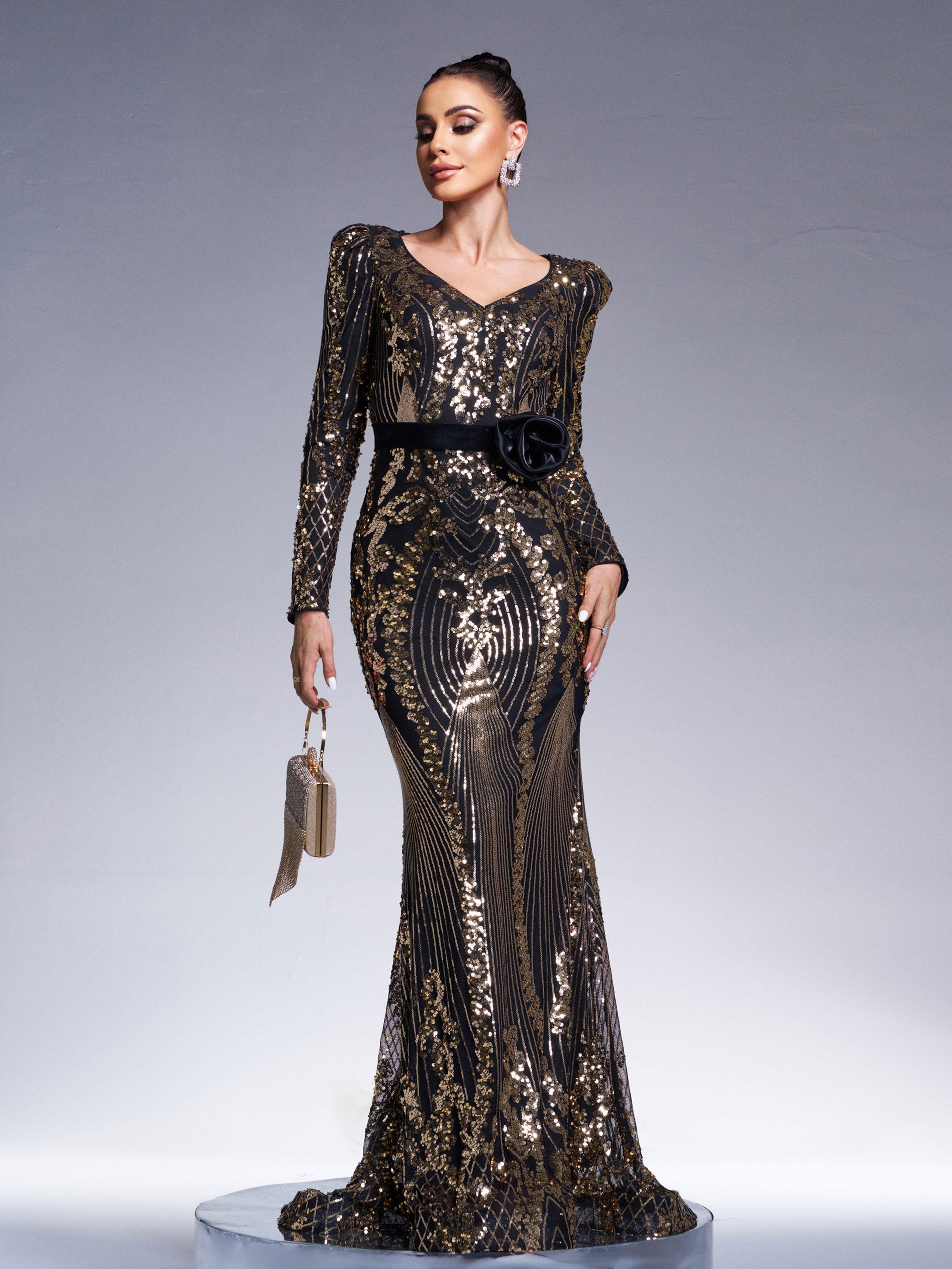 Black Long Sleeve Sequined V-neck Dress