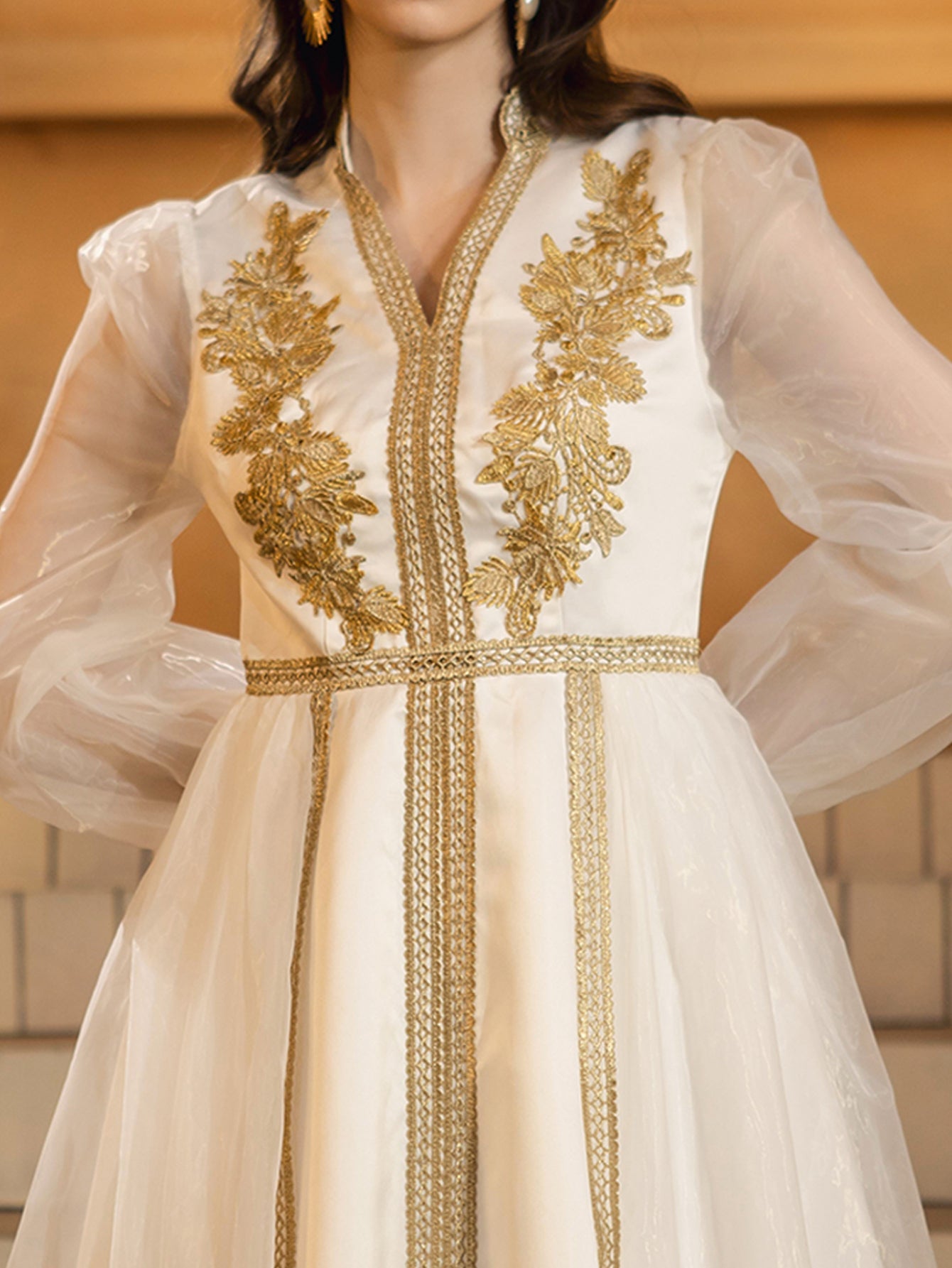 White A-line Tribal Embroidered Prom Dress