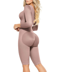 Side Zipper Breast Support Sleeved Tummy Control Full Body Shapewear