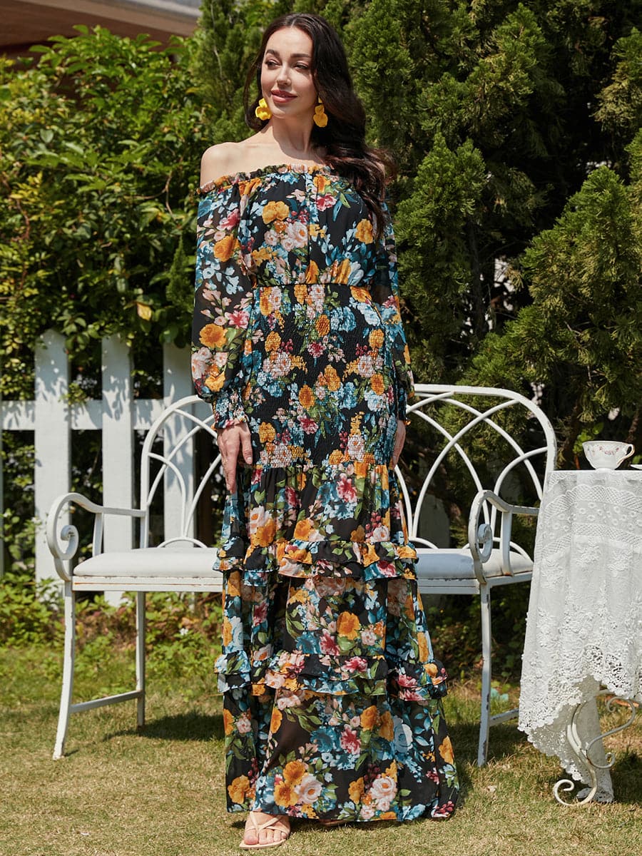 Ruffled Green Printed Casual Chiffon Dress