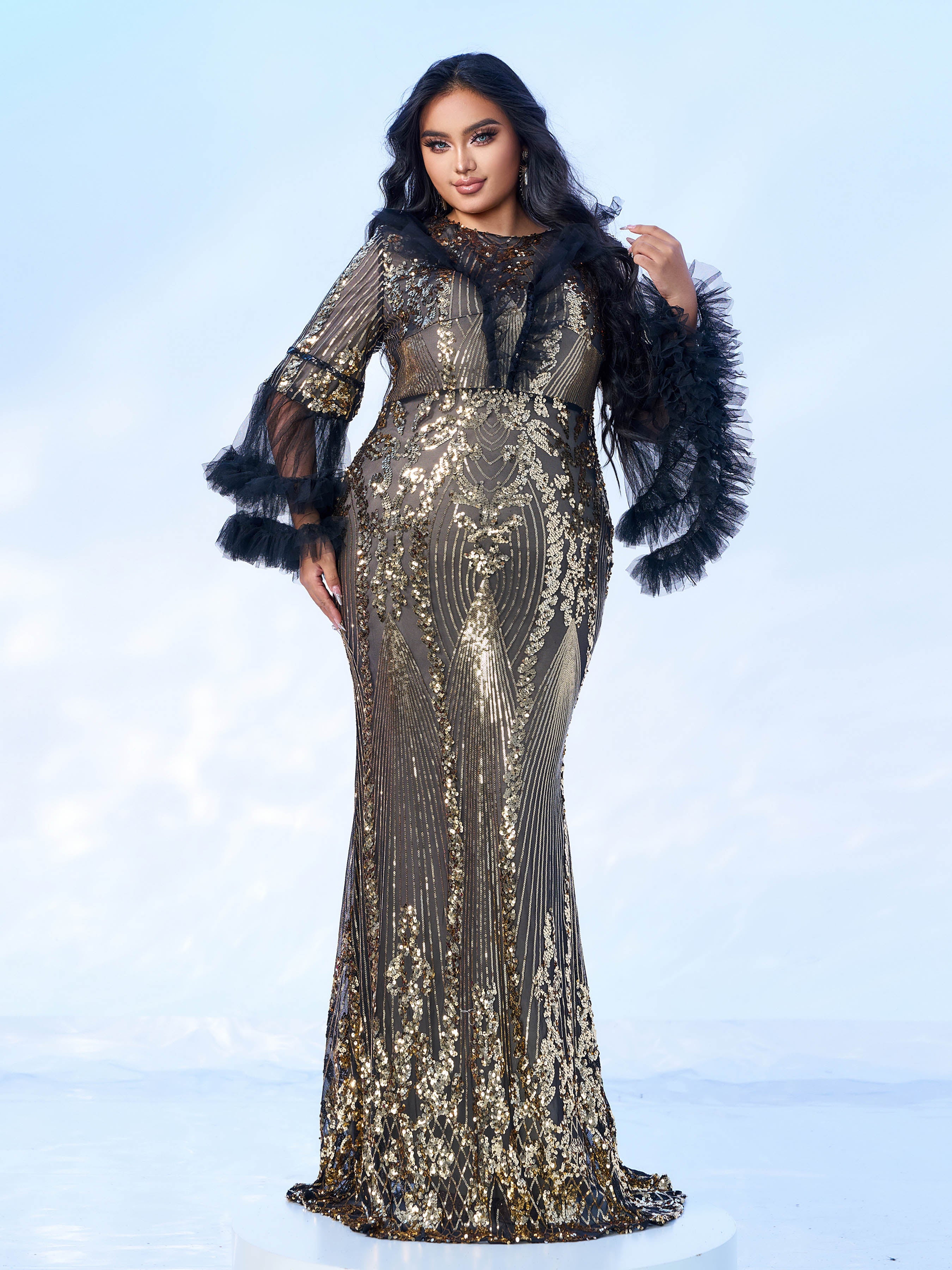 Plus Bell Sleeve Sequin Evening Dress