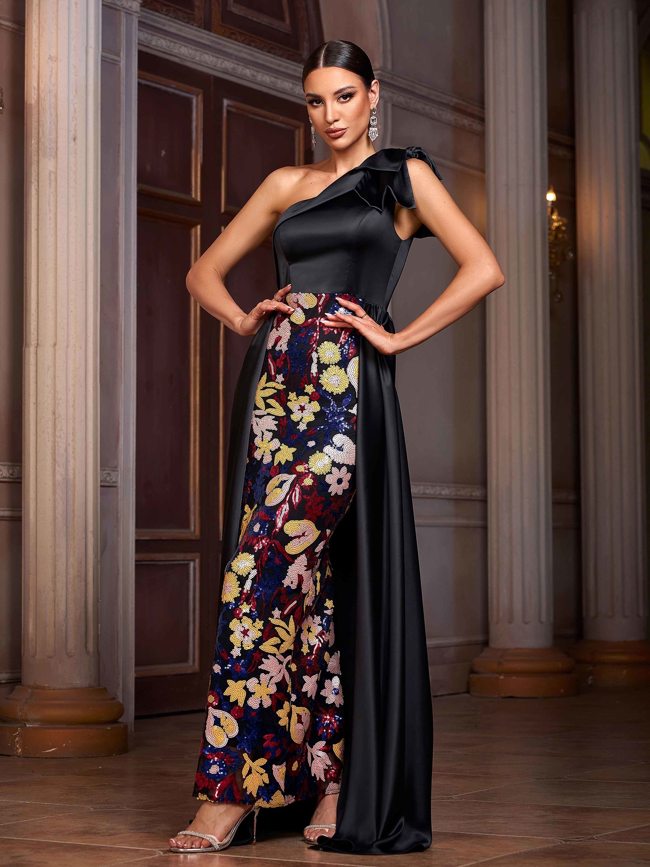 Black Sequin Floral Cape Prom Dress