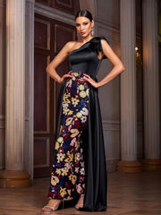 Black Sequin Floral Cape Prom Dress