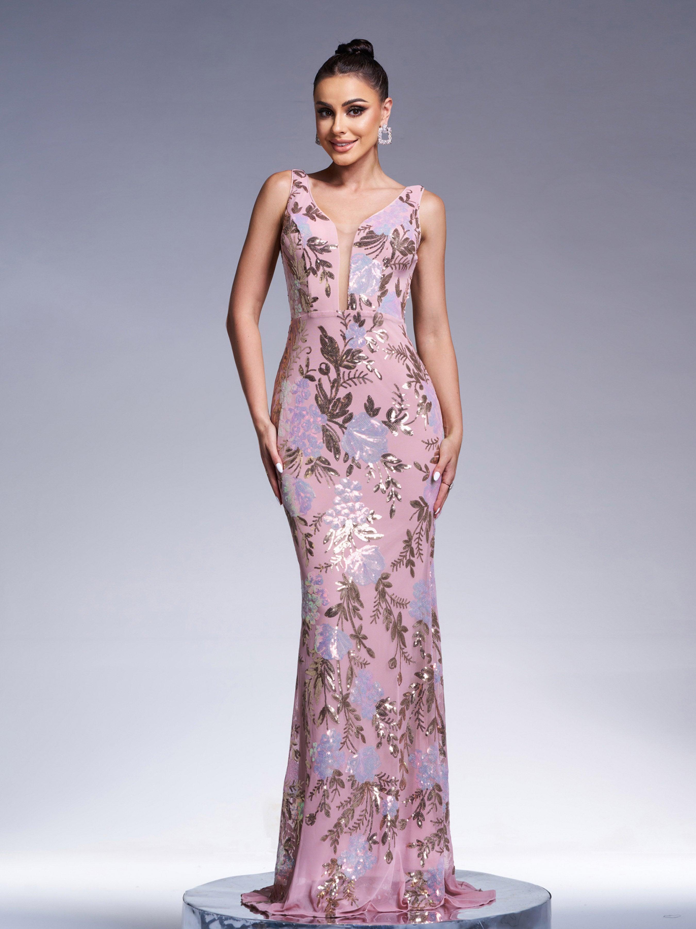 Floral Sleeveless Sequin Evening Dress