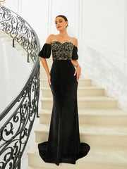 Off Shoulder Velvet Evening Dress