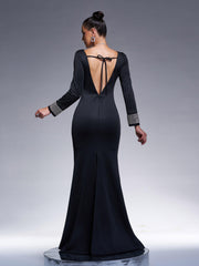 Elegant Black Long Sleeve Backless Prom Dress