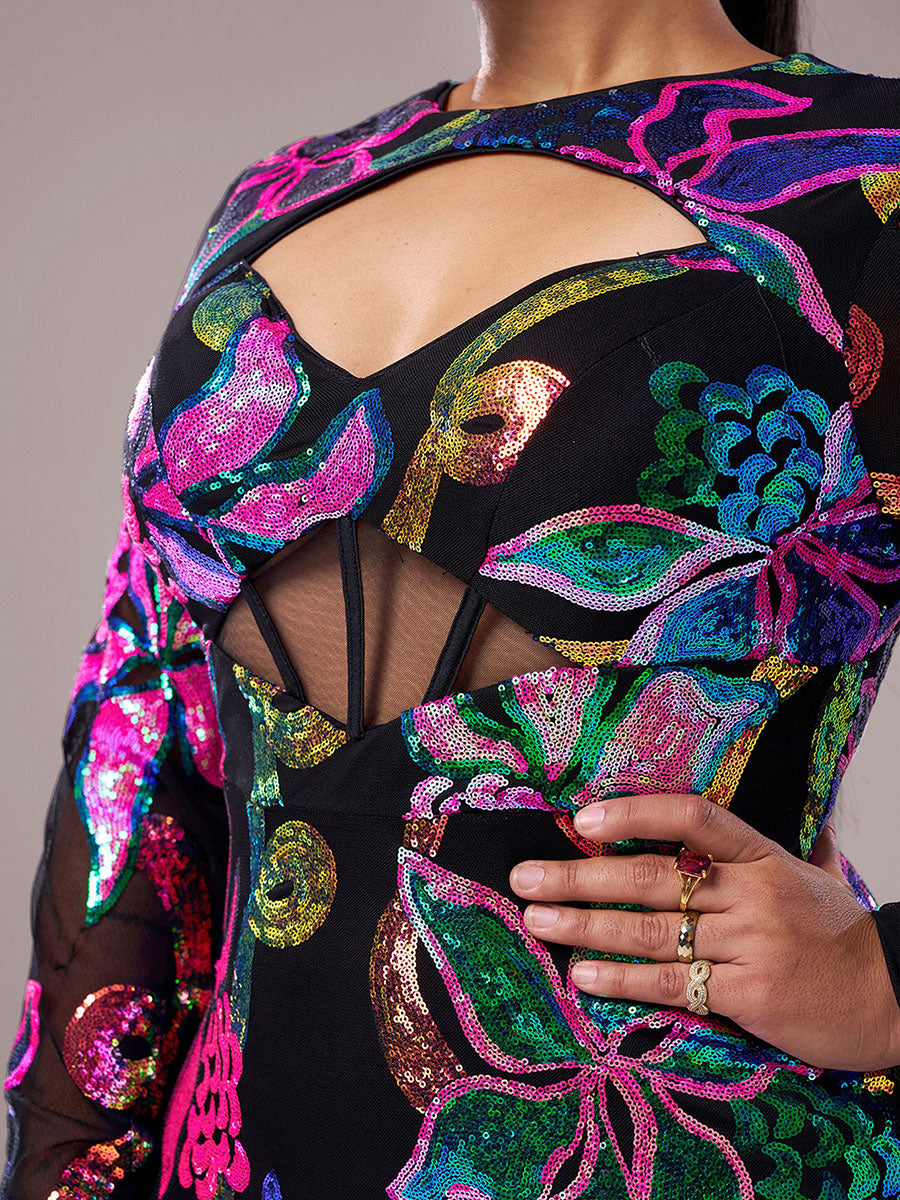 Long Sleeve Corset Cutout Floral Evening Dress