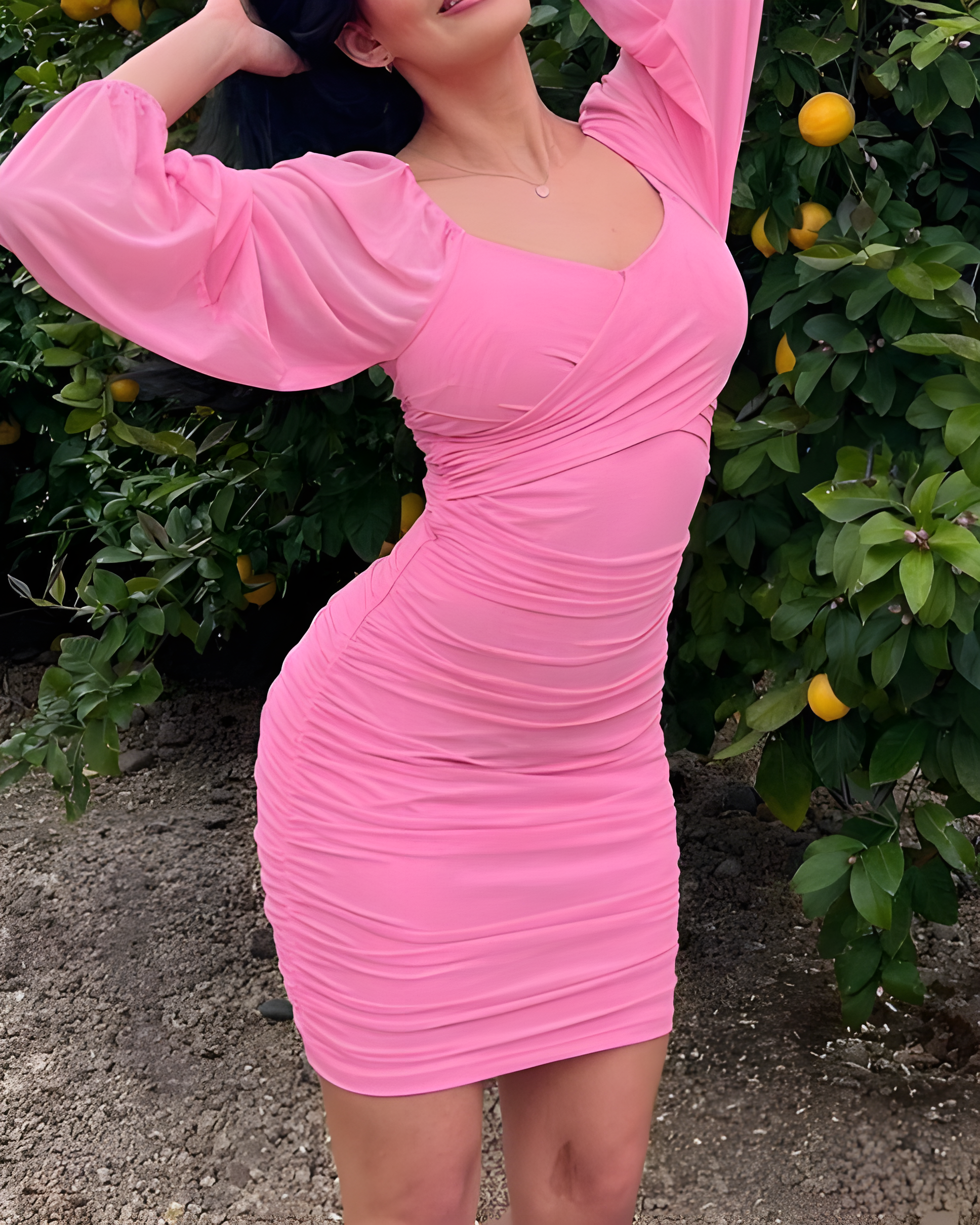 Puff Sleeve V-Neck Mesh Ruched Bodycon Dress
