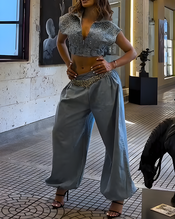 Sparkling Rhinestone Denim Two-Piece Set