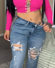 High-Waisted Ripped Frayed Straight-Leg Jeans