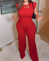 Slim-Fitting Sleeveless Belted Wide-Leg Jumpsuit