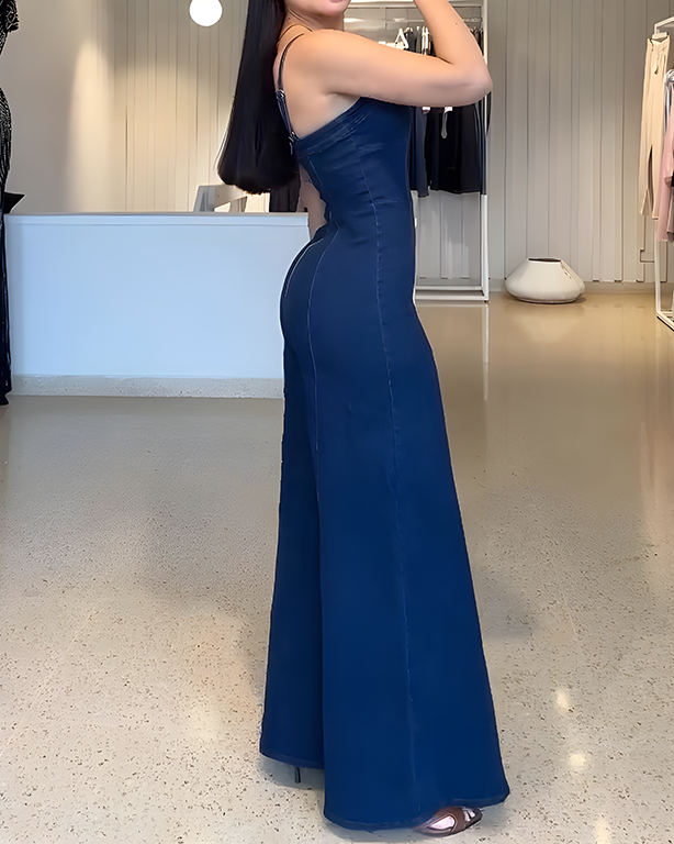 Bodycon Wed-Leg Denim Jumpsuit