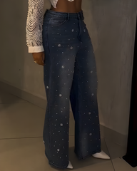 Shiny Beaded Slim-Fit Wide-Leg Jeans