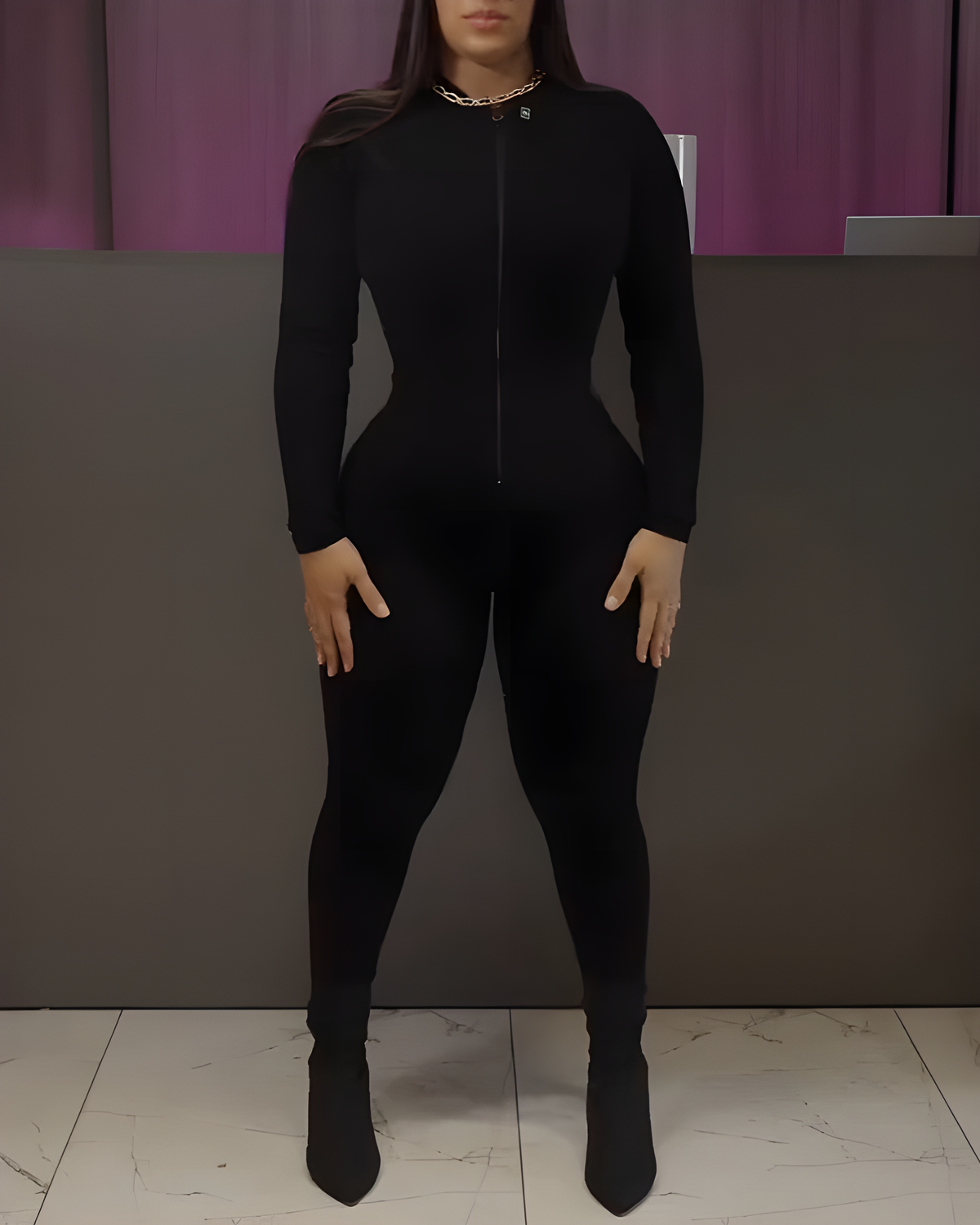 Front Zipper  Butt Lifter Long Sleeve Denim Bodycon Jumpsuit