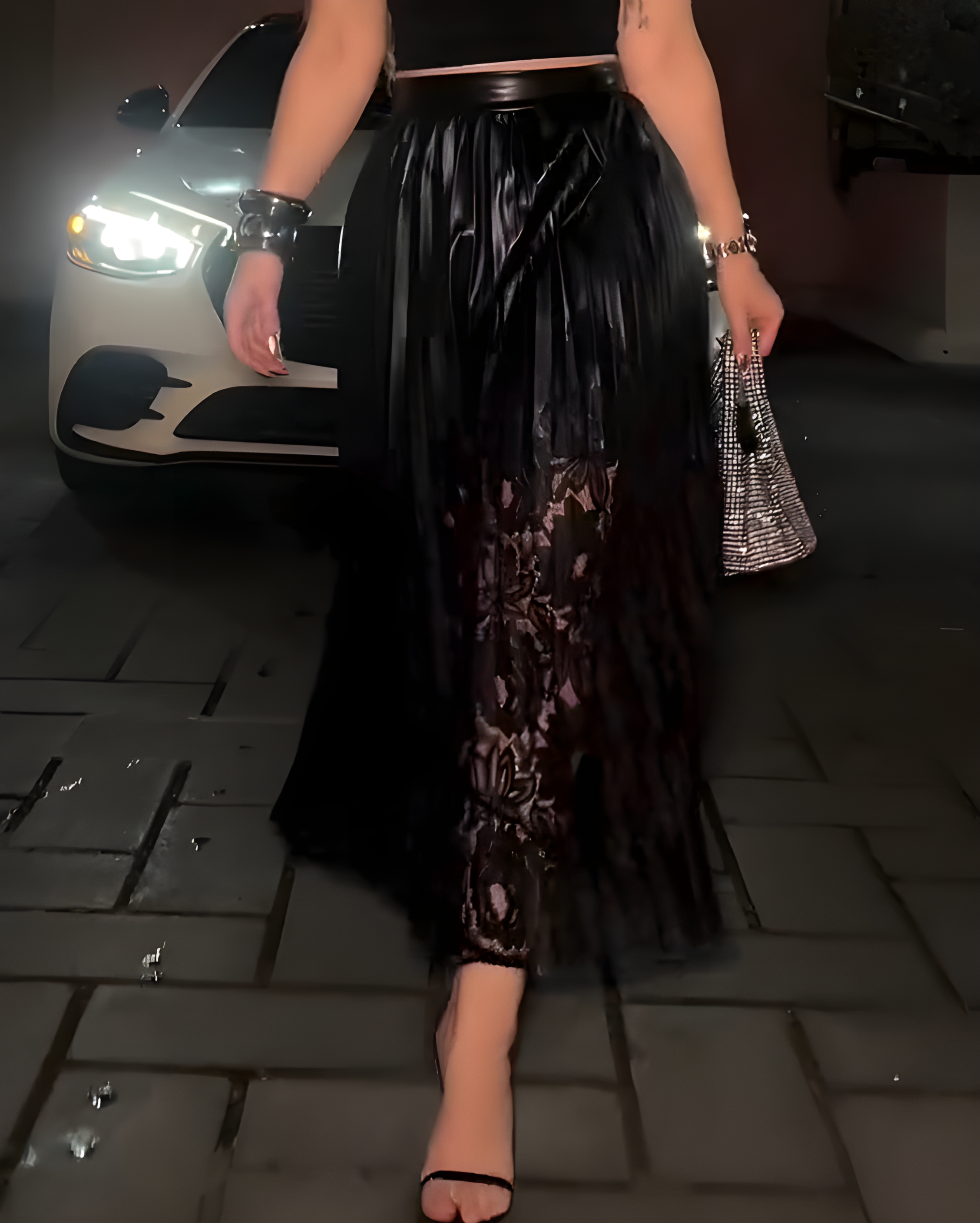 Lace Mesh Leather-Lined Skirt