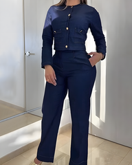 Crew Neck Denim Jacket Long Jeans Set