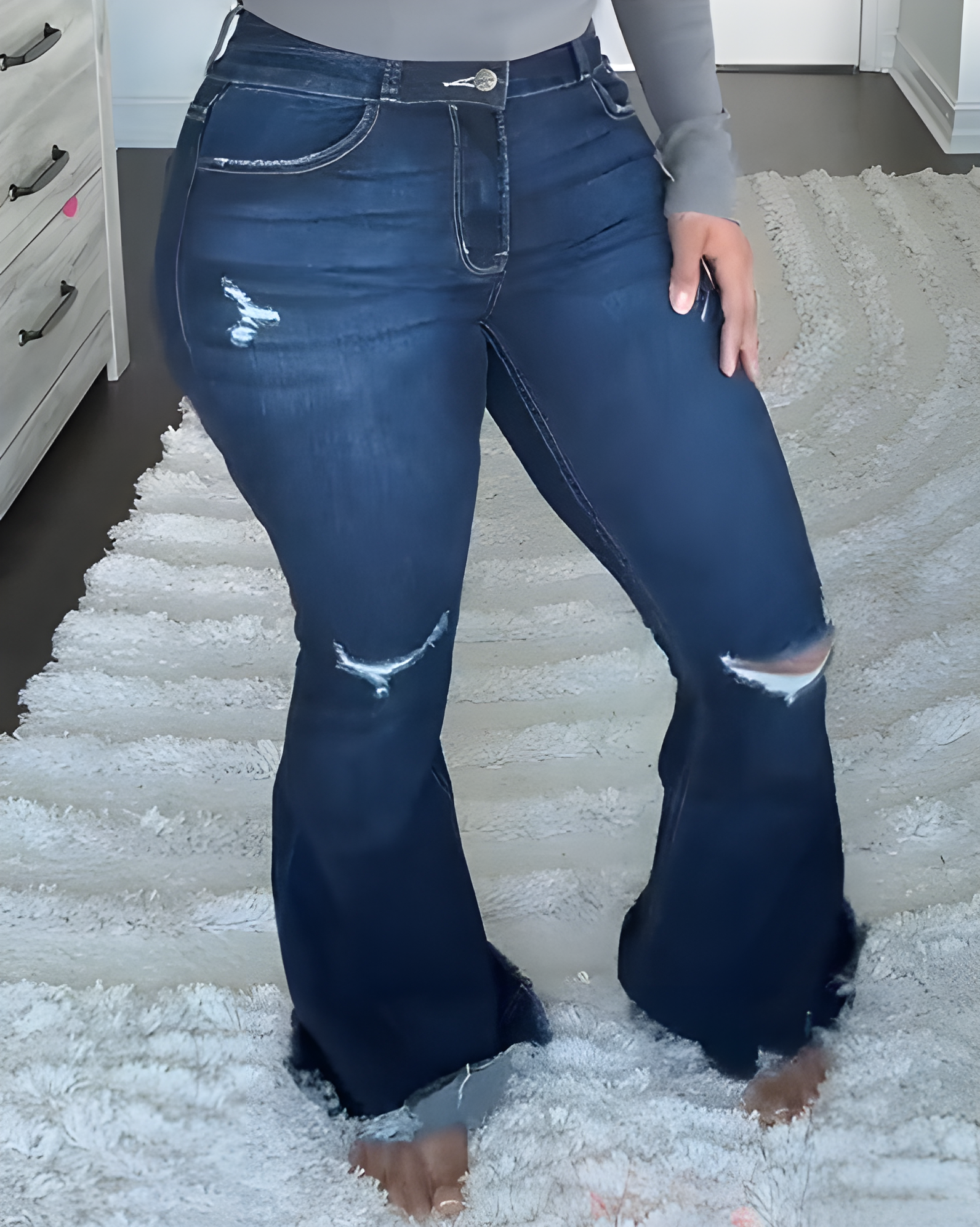 Double-Breasted High-Rise Slim-Fit Ripped Flared Jeans