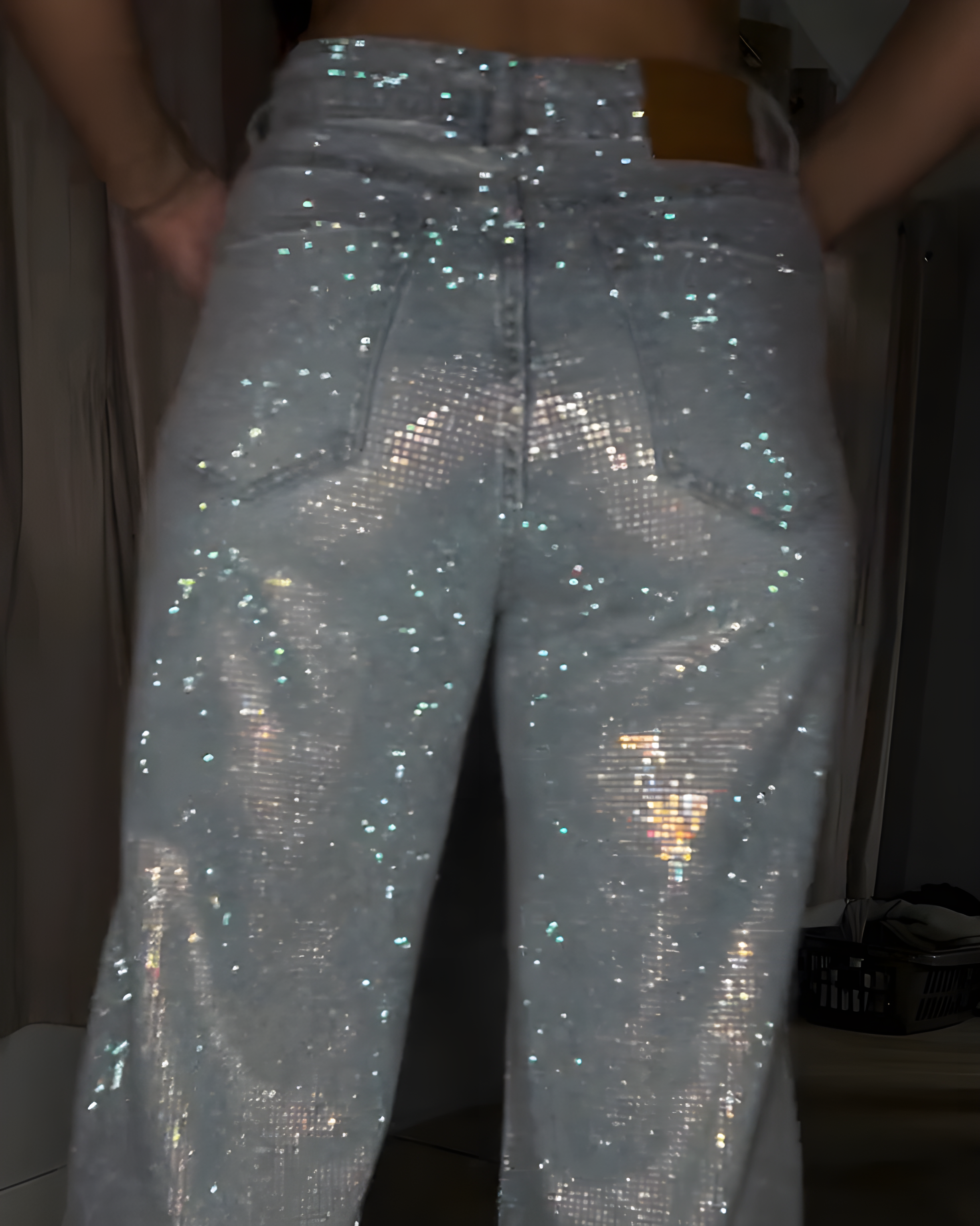 Sparkling Rhinestone Wide-Leg Denim Pants