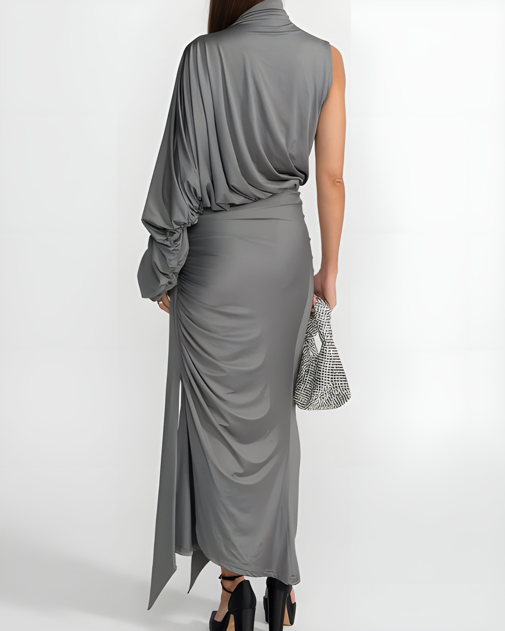 One-Shoulder Sleeve Ruched Slim Skirt 2-Piece Set