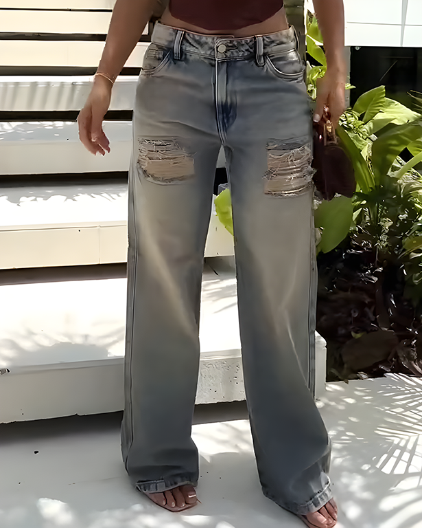 High-Rise Ripped Wide-Leg Jeans