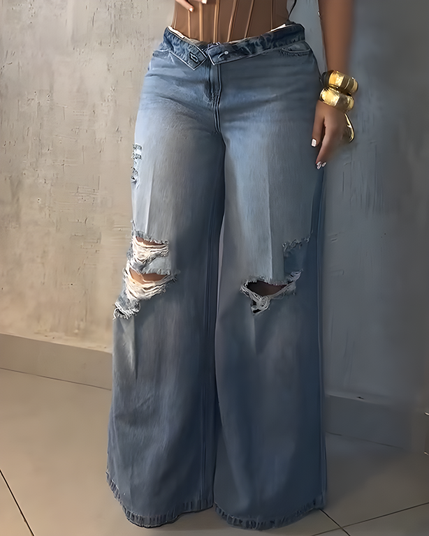 Ripped High-Waisted Wide-Leg Jeans