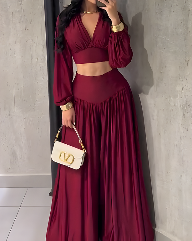 V-Neck Long-Sleeved Top Wide-Leg Pants Suit