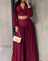 V-Neck Long-Sleeved Top Wide-Leg Pants Suit