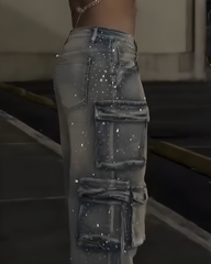 Cargo Style Rhinestone Jeans