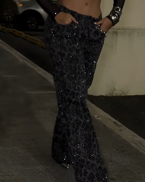Sparkling Rhinestones Leopard-Print Wide-Leg Jeans